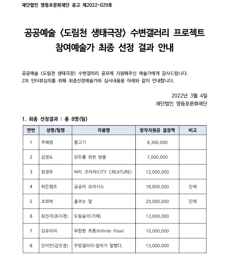 [공공예술] <도림천 생태극장> 수변갤러리 공모 최종선정 결과발표 본문 이미지