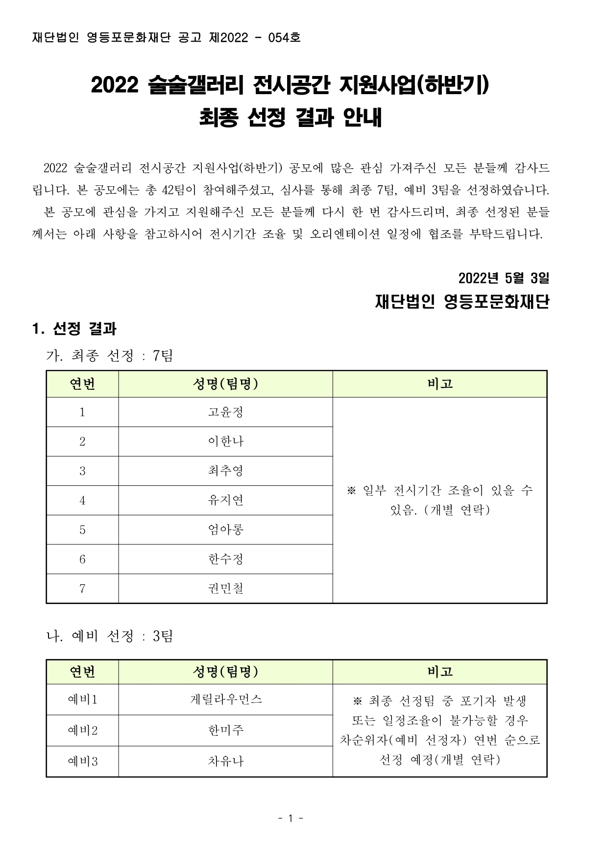 [술술센터] 2022 술술갤러리 전시공간 지원사업(하반기) 최종 선정 결과 안내 본문 이미지