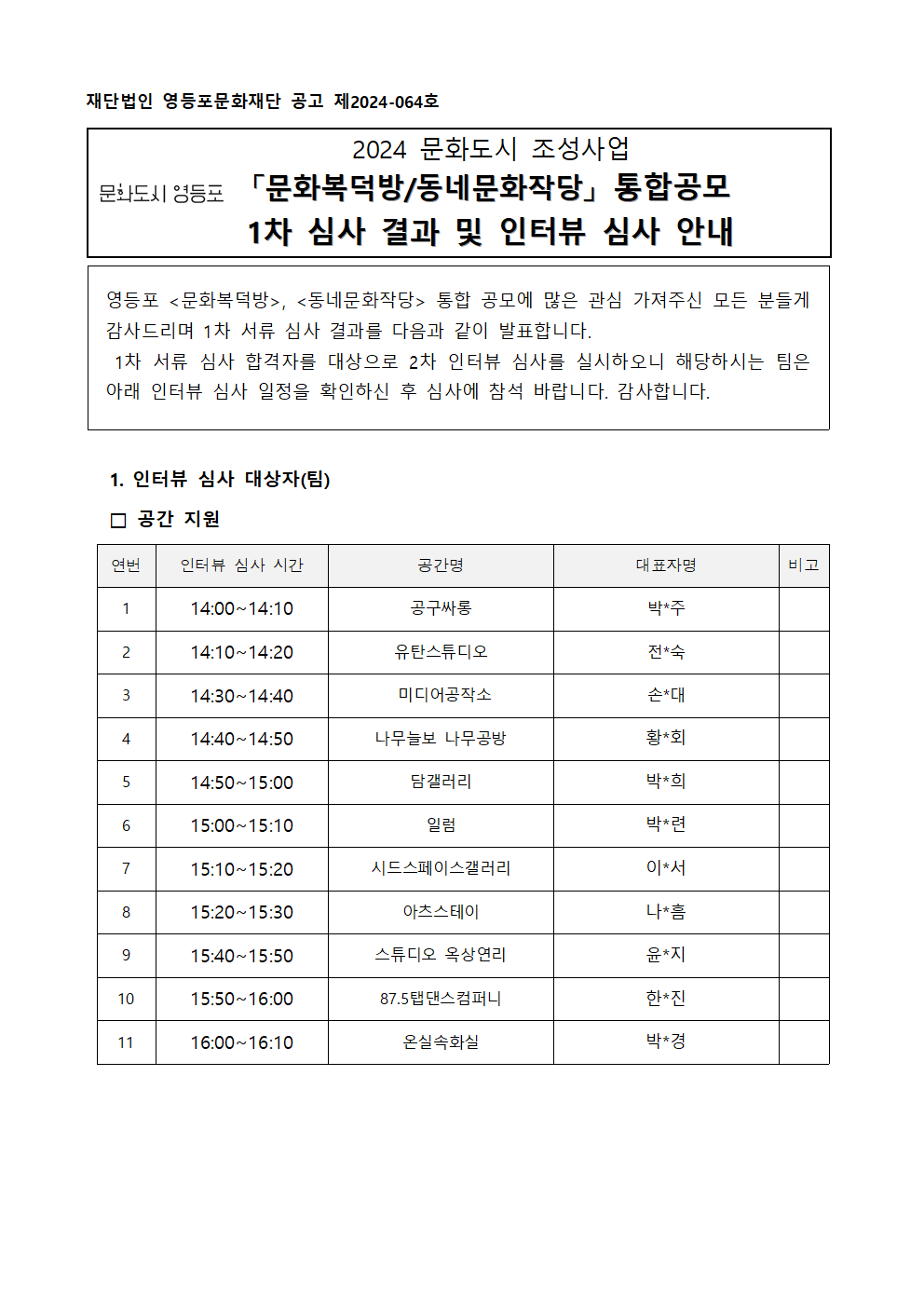 [영등포문화도시센터] 2024 <영등포 문화복덕방> 통합공모 1차 심사 결과 및 인터뷰 심사 안내 본문 이미지