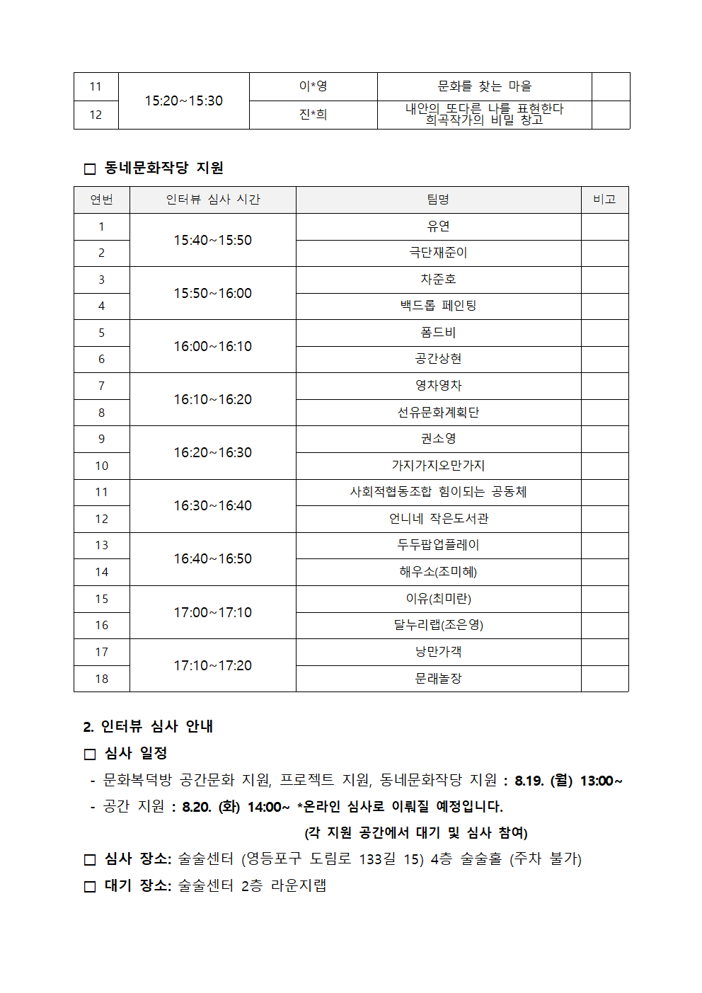 [영등포문화도시센터] 2024 <영등포 문화복덕방> 통합공모 1차 심사 결과 및 인터뷰 심사 안내 본문 이미지